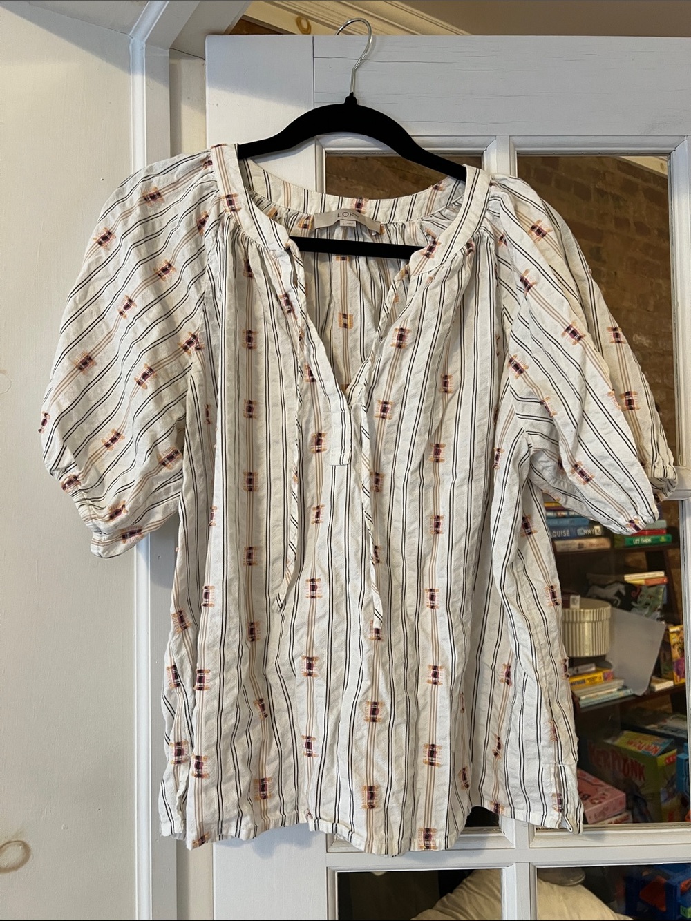 LOFT Cream Striped Peasant Blouse with Subtle Embroidery